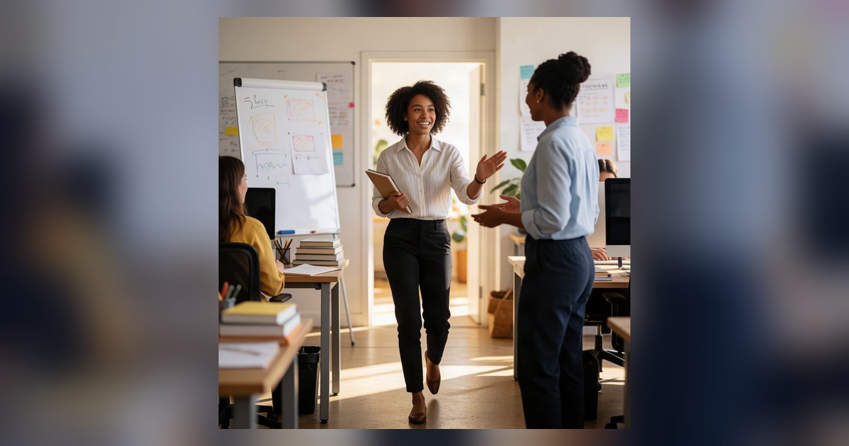 Young African professional walking through a bright open plan office, curious and mid stride, carrying a notebook