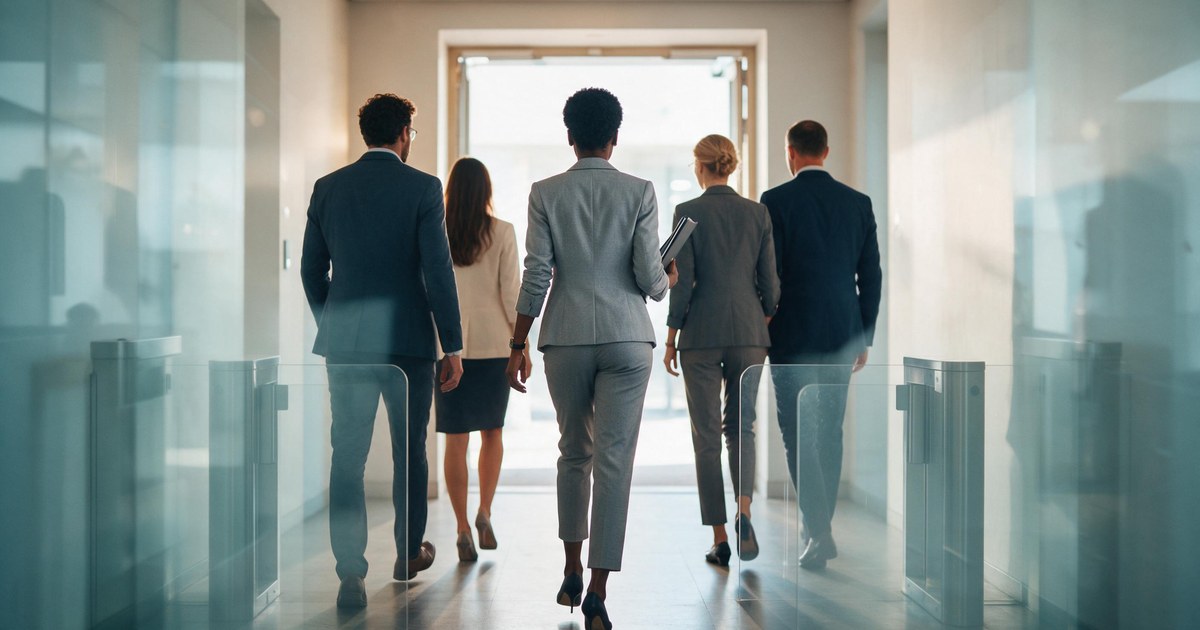Five professionals in business attire walking away down a bright modern office corridor, an African woman in a grey suit at the centre carrying a folder, passing between glass turnstile gates toward an open doorway