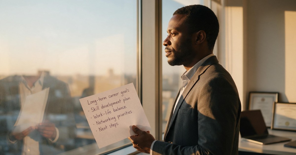 African professional holding a handwritten list at a bright office window, reflecting on their own definition of success